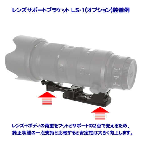 【KIRK】高剛性レンズフット LP-70　へ　オプションのレンズサポート取り付けイメージ