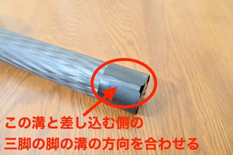 抜け止め部品を三脚の脚に取り付ける際、方向に留意する必要があるので留意すべき取り付け方法の説明